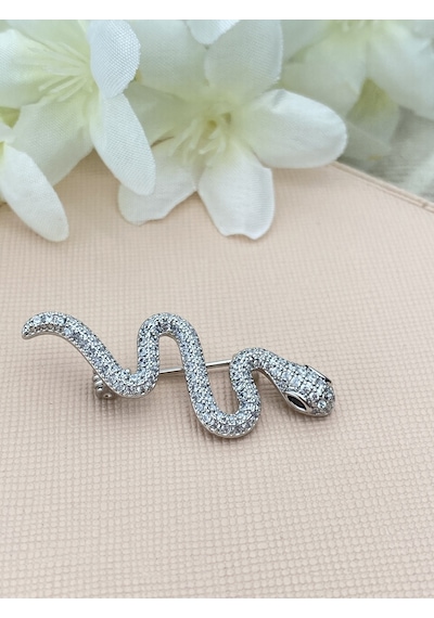 Kyver Yılan Model Full Zirkon Taşlı Broş Silver
