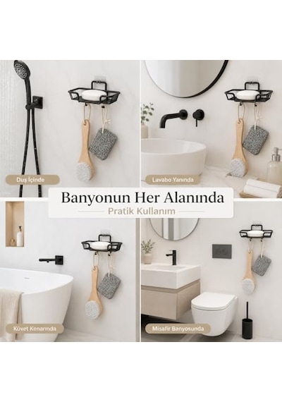 Yapışkanlı Siyah Sabunluk Ve Lif Askılık, Delmeden Montajlı Banyo Sabun Rafı, Çift Askılı Mat Siyah Banyo Düzenleyici Diğer