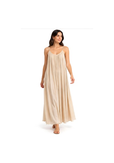 Lili Woman Kadın Bej İp Askılı Bürümcük Dokulu Maxi Elbise Fp.3173