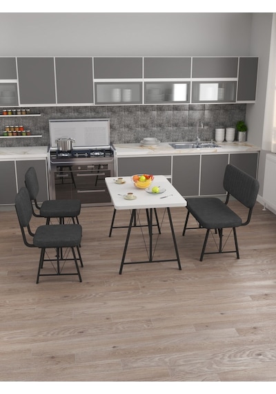 Hayat 70x110 Beyaz Mutfak Masası, Mutfak Masası Takımı, Yemek Masası, 2 Sandalye 1 Bench - Antrasit Antrasit
