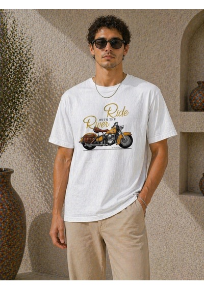 Novalisse Erkek Motosiklet Baskılı Tişört Bisiklet Yaka Kısa Kol Yazlık T-shirt - Beyaz