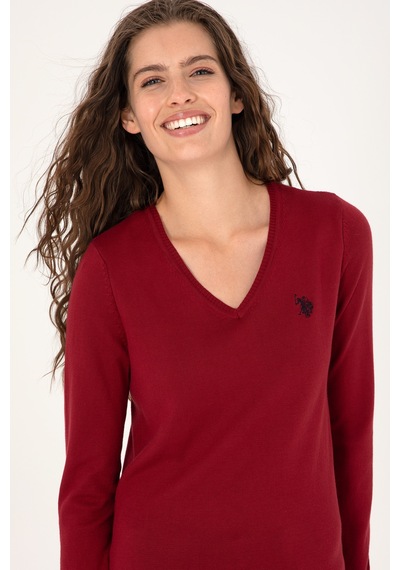 U.S. Polo Assn. Kadın Kırmızı V Yaka Basic Kazak 50313590-VR104 U.S. Polo Assn. Kadın Kırmızı V Yaka Basic Kazak 50313590-VR104