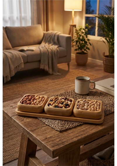 Makri Home Bambu 3'lü Çerezlik & Kuruyemiş Sunum Seti Kare Tepsili, Doğal Ahşap Servis Kasesi Bambu