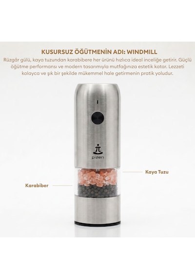 Pizen Windmill Usb Şarjlı Otomatik Baharat Öğütücü Led Işıklı Ayarlanabilir Tuz Karabiber Değirmeni Gümüş