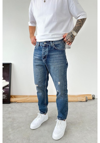 Koyu Mavi Soft Degrade Yırtıklı Boyfriend Pantolon