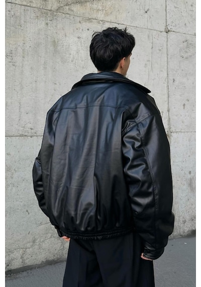 Oversize Vintage Erkek Siyah Deri Ceket Siyah