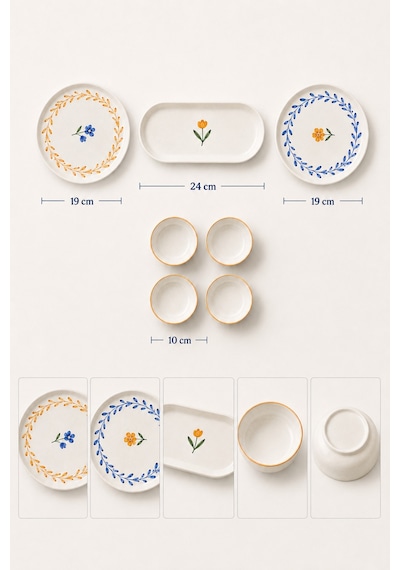 10 Parça 4 Kişilik Vivia Stoneware Kahvaltı Takımı - Özel Desenli Kahvaltılık Servis Sunum Seti Çok Renkli