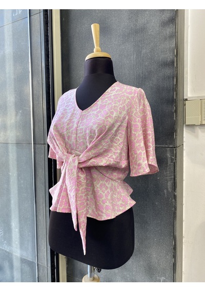 Pera Moda Leopar Desenli Önden Bağlamalı Beli Lastikli Crop Bluz Gömlek Pembe