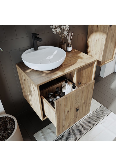 Lavabolu Mdf 75 Cm Çekmeceli Dolabı + Aynalı Üst Dolabı Atl Atlantik Çam