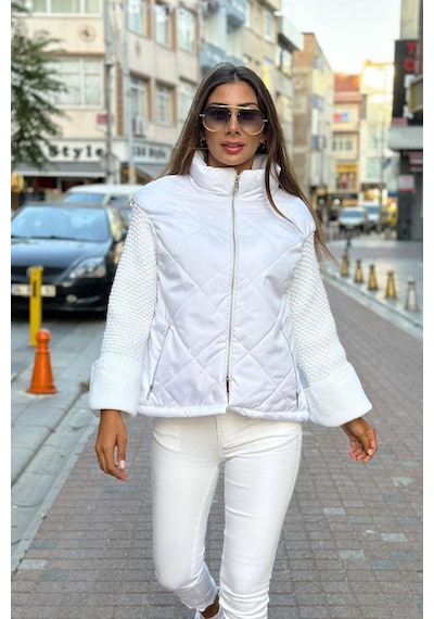 Keyifli Moda Kadın Beyaz Dik Yaka Kolları Triko Cepleri Fermuarlı Şişme Mont - 36 Beyaz