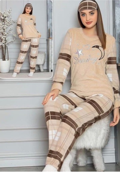 Peluşlu Kışlık Polar Pijama Takımı Kahve