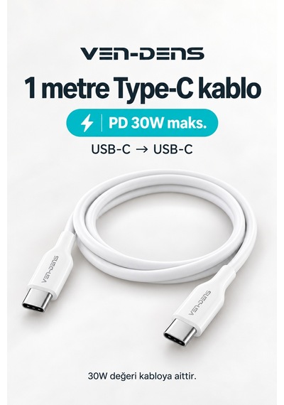 Ven-dens Vd-tc019bac01 20 W Type-c Ve 18 W Usb-a Hızlı Şarj Adaptörü, 1 Metre 60 W Pd Type-c, Beyaz