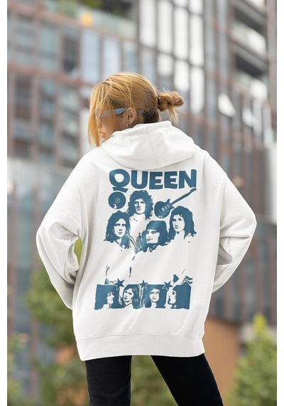 Sevbano Queen Baskılı Unisex Oversize Müzik Grubu Rock Metal Hoodie Beyaz