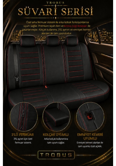 Smart Forfour 2004 Ve Sonrası Uyumlu Süvari Serisi Siyah Kırmızı Oto Koltuk Kılıfı