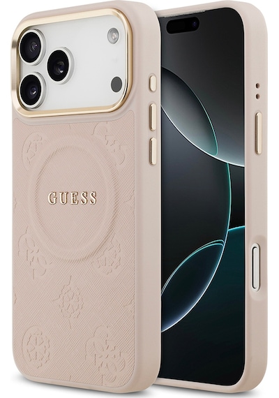 Apple Uyumlu iPhone 17 Pro Max Kılıf Guess Lisanslı M-safeli Sıcak Baskılı Yazı Logolu Pu Deri Peony Pembe Pembe