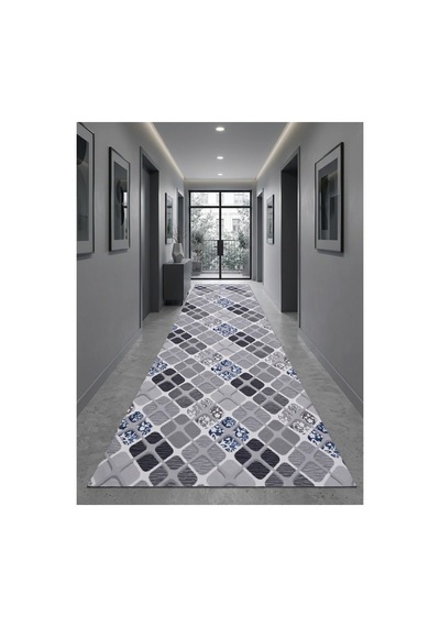Geometrik Kare Desenli Mavi Gri Koridor Yolluğu Kaymaz Taban Yıkanabilir Salon Mutfak Halısı