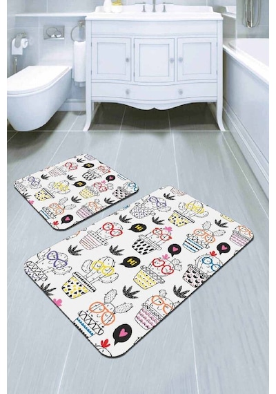 Renkli Kaktüslü Desen Banyo Halısı Klozet Paspas Seti Bs248n11 Çok Renkli