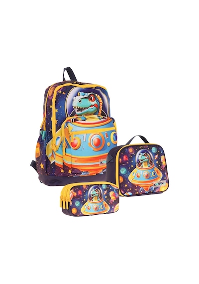 Kaukko Kids Dört Bölmeli Okul Çantası + Beslenme +kalemlik Seti Astronot Dinazor - Erkek Çocuk - Mavi Sarı Mavi - Sarı