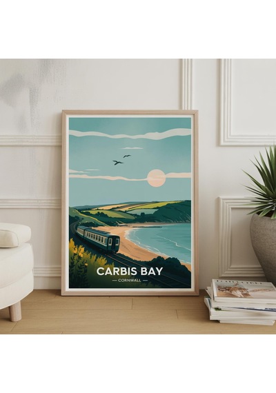 Carbis Bay Cornwall Seyahat Posteri Sahil Manzarası Sanat Eseri Deniz Kenarı Dekorasyonu