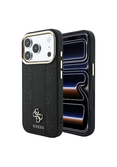 Apple iPhone Uyumlu 18 Pro Max Kılıf Guess  Lisanslı M-safeli Şeritli Peony 4g Ve Yazı Logolu Kapak Siyah