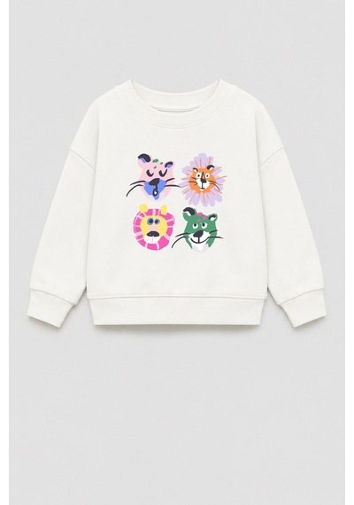 Monila Kız Çocuk 3 İplik Kumaş Pamuklu Hayvan Baskılı Sweatshirt Ekru