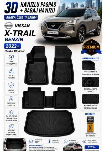 Nissan X-trail Benzin 2025 Model Uyumlu 3d Araca Özel Havuzlu Paspas+bagaj Havuzu Birebir Uyum