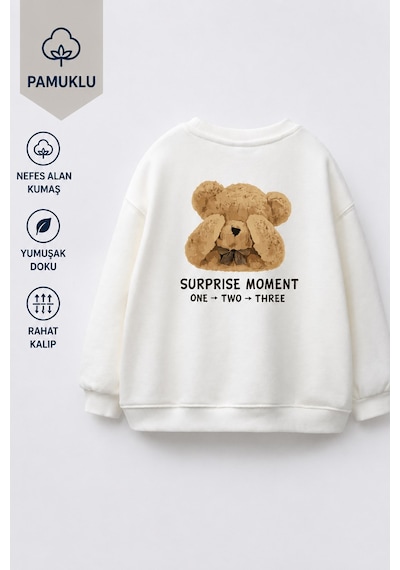Monila Unisex Çocuk 3 İplik Kumaş Pamuklu Sırtı Ayıcık Baskılı Sweatshirt Ekru