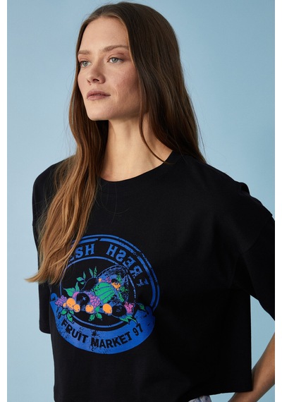 Ethıquet Ahrı Kadın Relaxed Fit Bisiklet Yaka Baskılı Siyah T-shirt