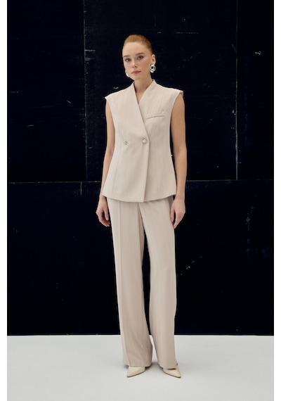 Sateen Anna Çizgili Pantolon - Bej-137091 Bej
