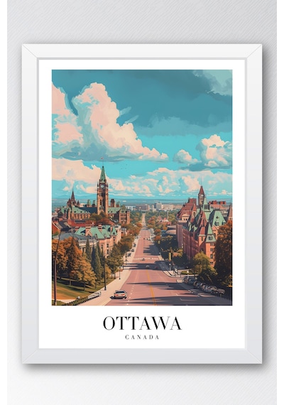 Ottawa Canada Vintage Seyahat Posteri Çerçeveli Tablo - Premium Kanada Şehir Elit Duvar Dekoru Beyaz