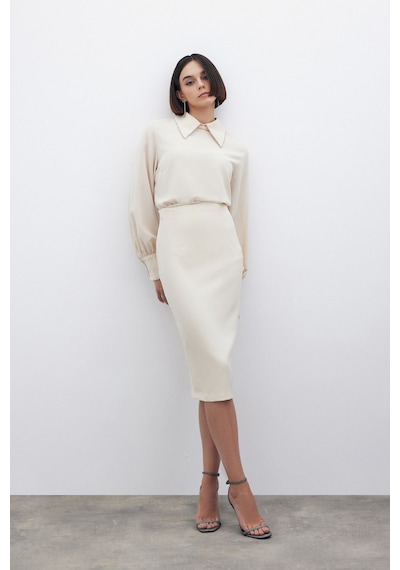 Sateen Düz Kalem Etek - Bej