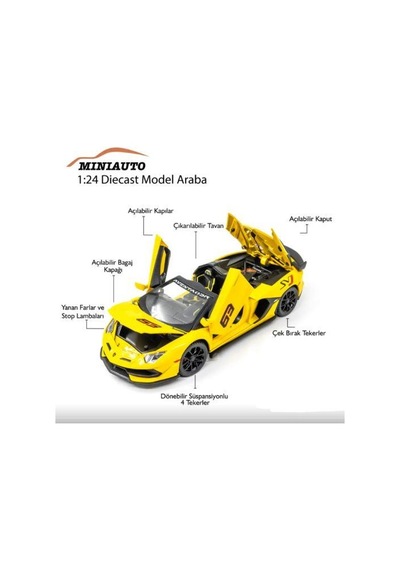 Mınıauto Lamborghini Sarı 1:24 Metal Çek Bırak Kapıları Açılan Sesli Işıklı Araba Sarı