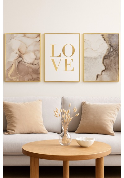 Altın Aşk Abstract Set - Gerçek Cama Baskı Gold Alüminyum Metal Çerçeveli 3'lü Modern Tablo