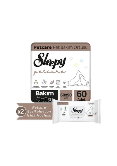 Sleepy Petcare 2x30 Adet Pet Bakım Örtüsü + 2x60 Evcil Hayvan Islak Havlusu