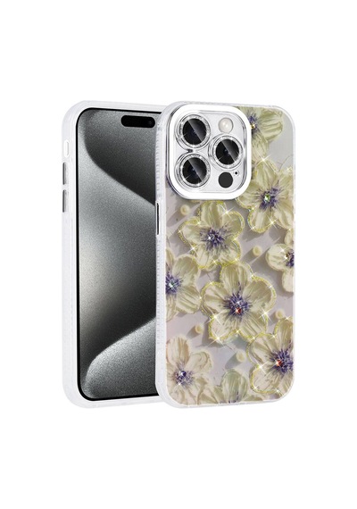 Zore Apple iPhone Uyumlu 15 Pro Max Kılıf Çiçek Desenli Parlak Taşlı Sert Silikon Nvth Garden Kapak - Mavi