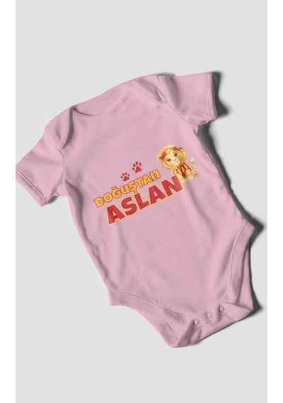 Morivokids Doğuştan Aslan Kısa Kollu Bebek Body %100 Pamuk Koyu Pembe