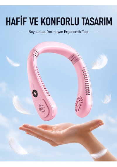 Pembe Boyun Tipi Fan Usb Şarjlı Hafif Tasarım Güçlü Hava Üflemeli Serinletici