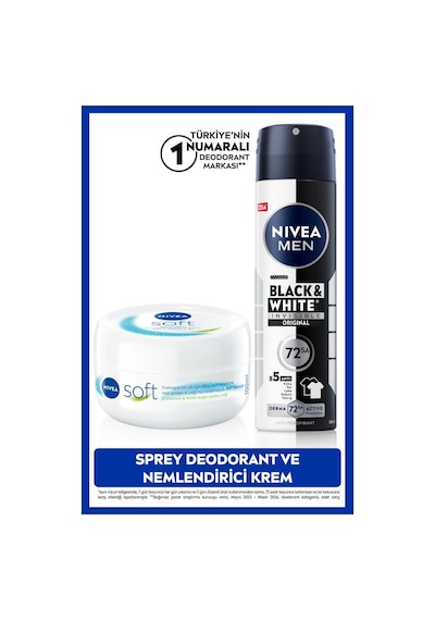 Nivea Men Erkek Sprey Deodorant Black&White Invisible 150 ML + Soft Nemlendirici Vücut Bakım Kremi 100 ML