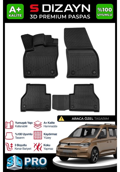 S-dizayn Vw Caddy 3d Pro Havuzlu Paspas 2020 Üzeri A+ Kalite