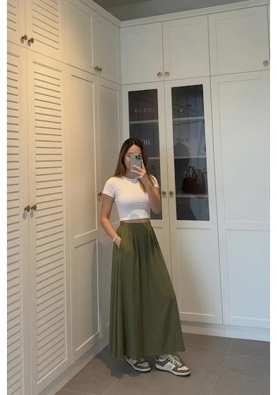 Kadın Haki Poplin Kumaş Uzun Etek Beli Lastikli Günlük Maxi Etek 90 Cm