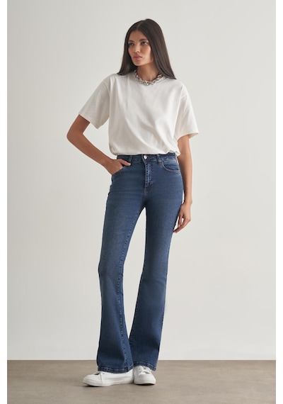 Mizalle Skinny Fit Flare Paça Koyu Mavi Denim Pantolon Mavi