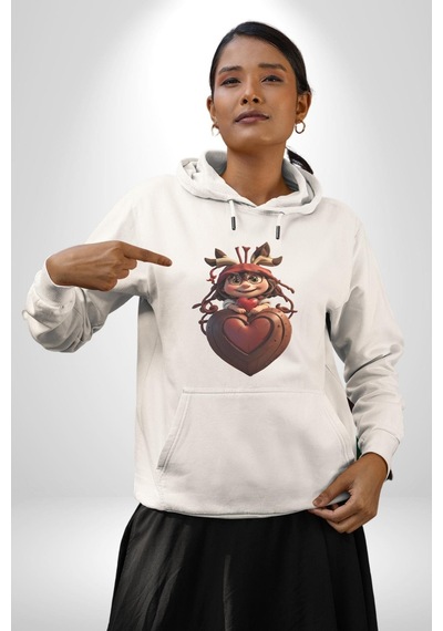Çikolata Kız Kalbi Kadın Erkek Beyaz Kapüşonlu Sweatshirt Hoodie Beyaz