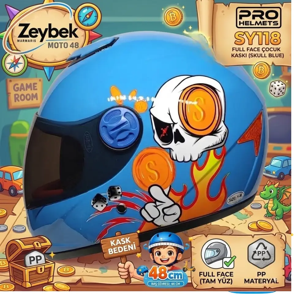 Skull Mavi Çocuk Kaskı Pro Helmets Sy118 Full Face Çocuk Kaskı 48cm Skull Mavi