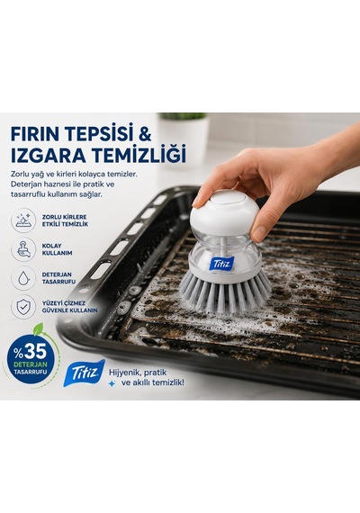 Titiz Deterjan Hazneli Bulaşık Fırçası, Basmalı Sıvı Deterjan Hazneli Mutfak Temizlik Fırçası, Ergonomik Tasarım Hijyenik Ve Uzun Ömürlü, Tencere, Tava, Tabak, Çok Amaçlı Temizlik Fırçası