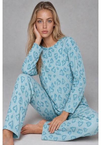 Kadın Desenli Uzun Kollu Mint Yeşili Pijama Takımı 4760