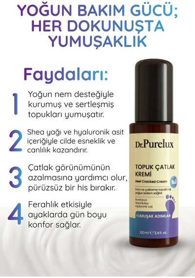 Topuk Çatlak Kremi Shea Yağı & Hyaluronik Asit İçerikli Yoğun Nemlendirici Bakım Kremi 100 Ml