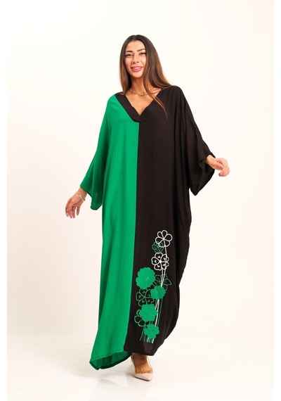 Keyifli Moda Kadın Yeşil Siyah Garnili V Yaka Eteği Nakışlı Cepli Oversize Uzun Elbise - Yesıl Yeşil