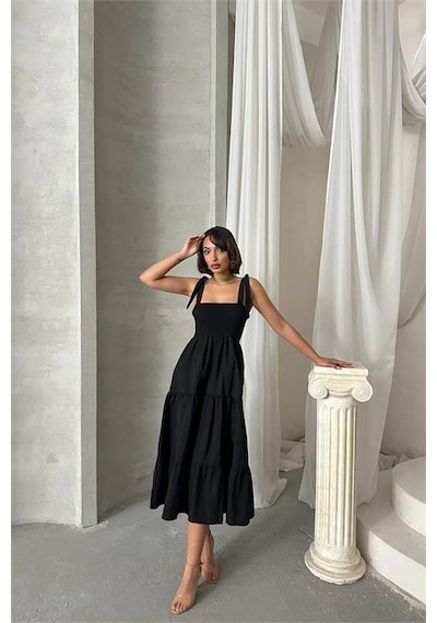 Neşeli Butik Kadın Askılı Poplin Kumaş Yazlık Elbise Nbg091 Siyah