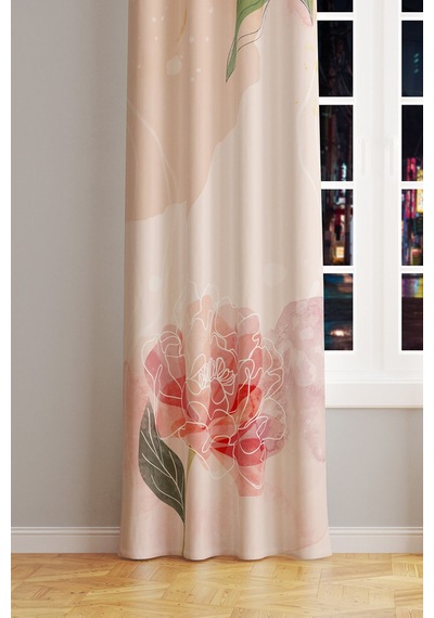 Flower Art Desenli Süet Oturma Odası Salon Fon Perde Baskılı Ekstrafor Büzgü Tek Kanat Prd-1030 Çok Renkli