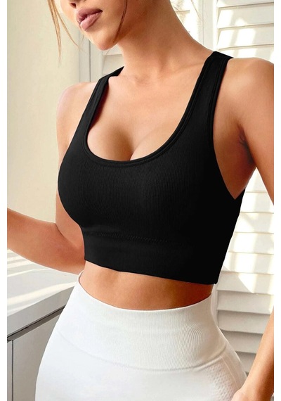Kadın Siyah Sırtı Çapraz Lastik Detaylı Crop Top Bluz